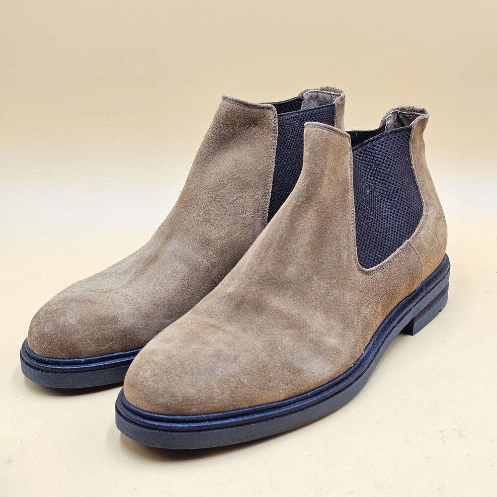 Mens Luxury Suede Chelsea Boots Taupe Brown Rugged Lug Sole Made In Italy Sz 45